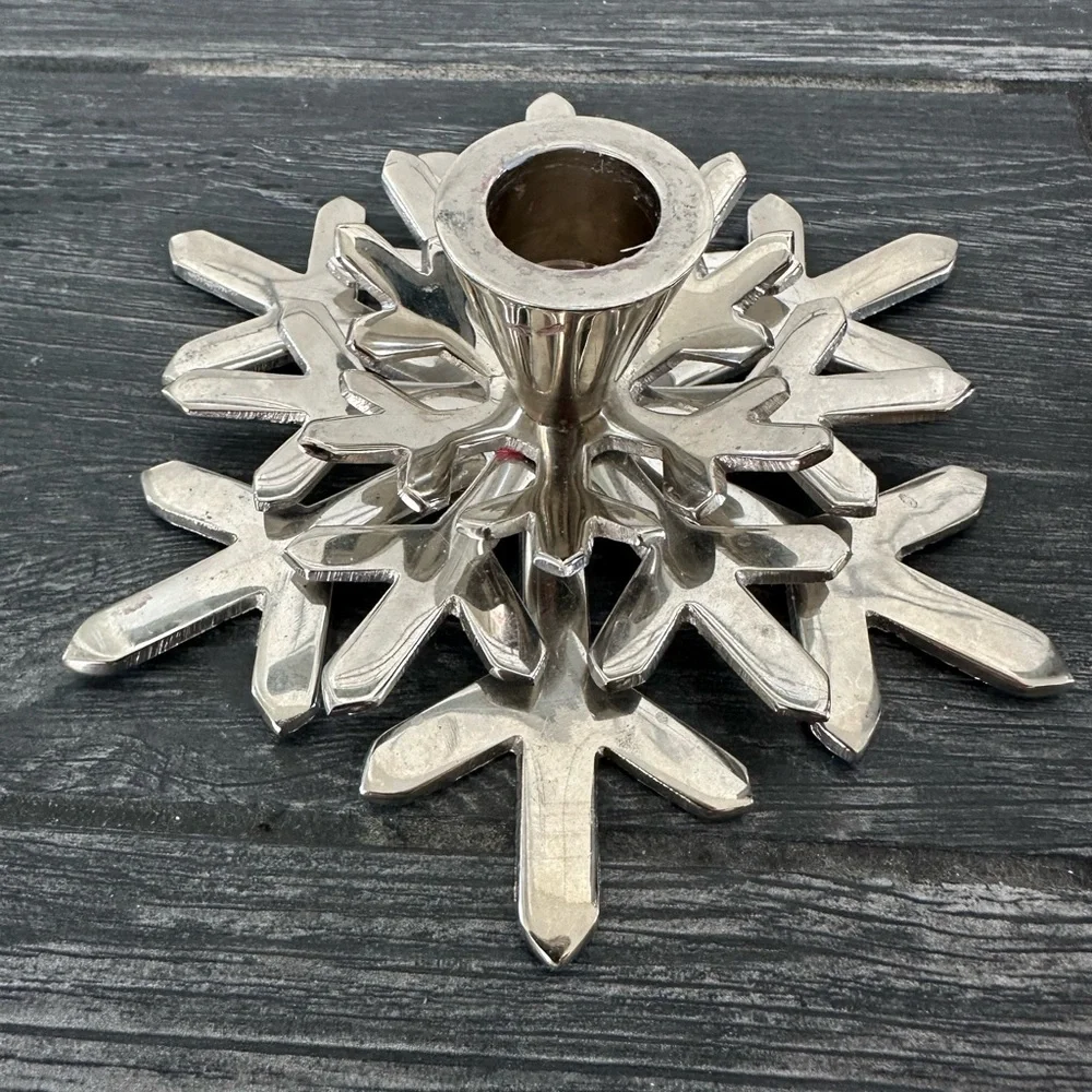 Crate & Barrel Pair of Shiny Snowflake Taper Holders